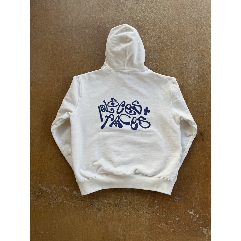 Places + Faces Curly Font Spell Out Cotton Heavy Hoodie White Mens Size M